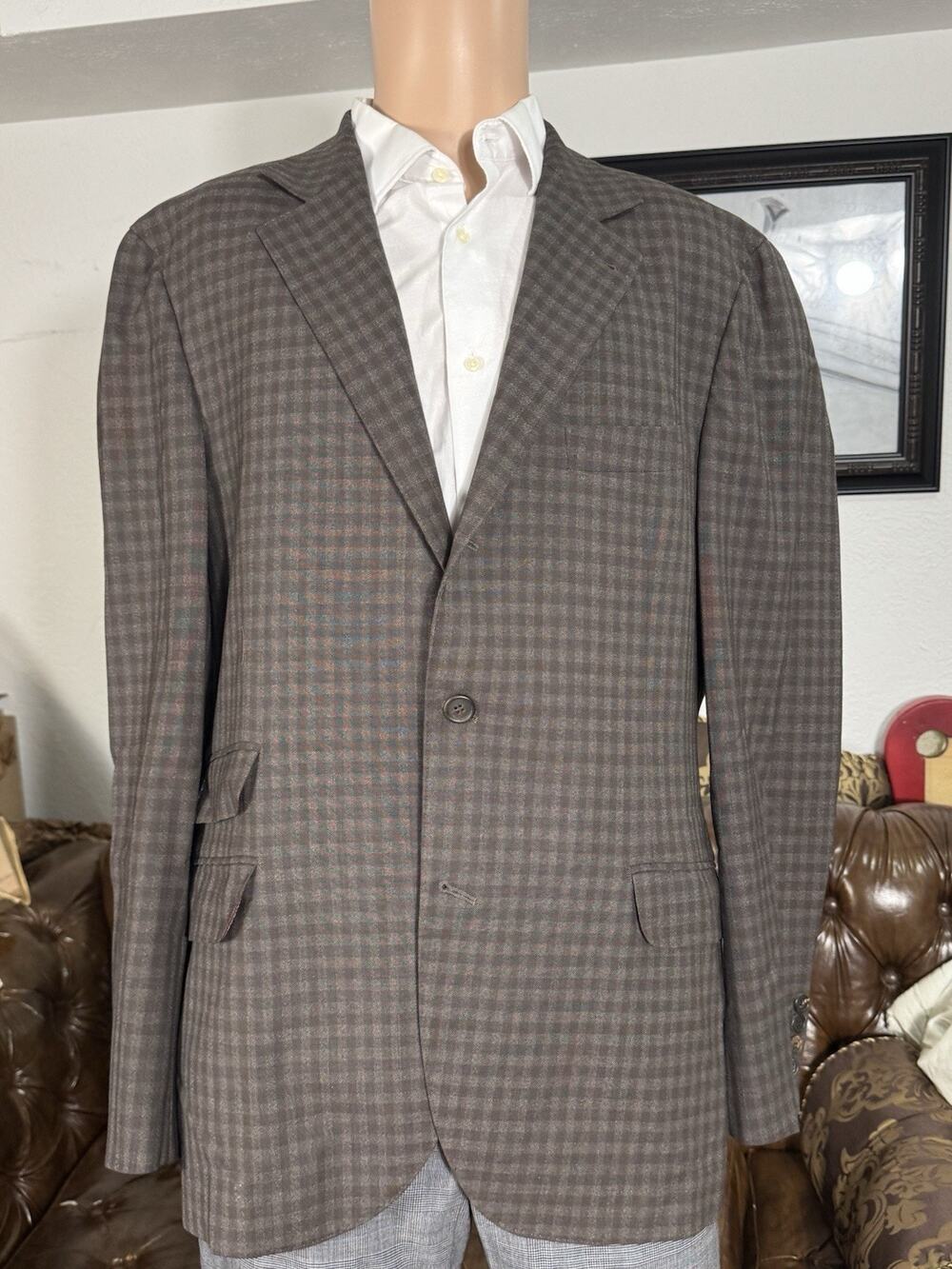 Brunello Cucinelli Brown Wool Mohair Silk Blazer Sportcoat Brown Plaid 54/44